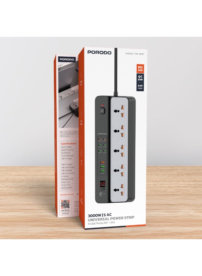 porodo 3 meters 3000W Universal Power Strip with 9 USB Ports and 5 AC Outlets / PD 35W & QC 20W Fast Charging / 24H Timer / Built-in Safeguards  - Black - Image 2